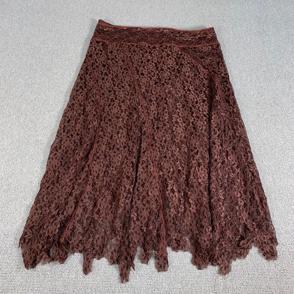 Boston Proper Lace Midi Skirt Womens 14 Brown Silk Lined Handkerchief Hem Floral